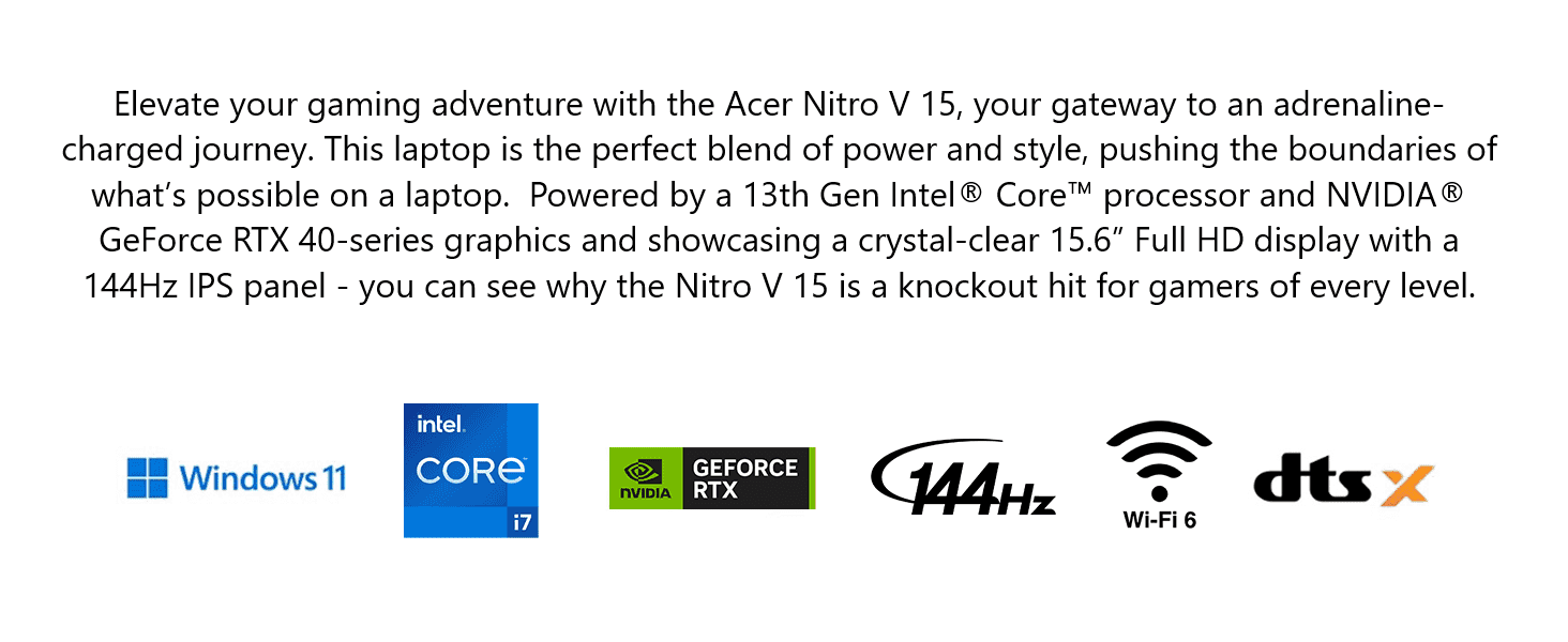 Summarizes the laptop's key hardware and software capabilities through a description paired with recognizable spec badges (CPU, GPU, display, connectivity).