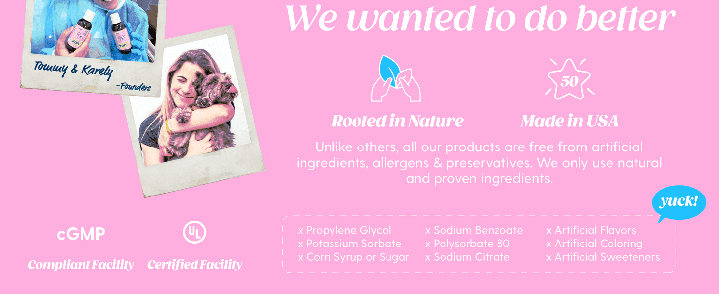 Introduces the brand's founders and origin motivation to build an emotional, trustworthy connection with the shopper. Reassures shoppers the product is made in a certified facility and free from a…
