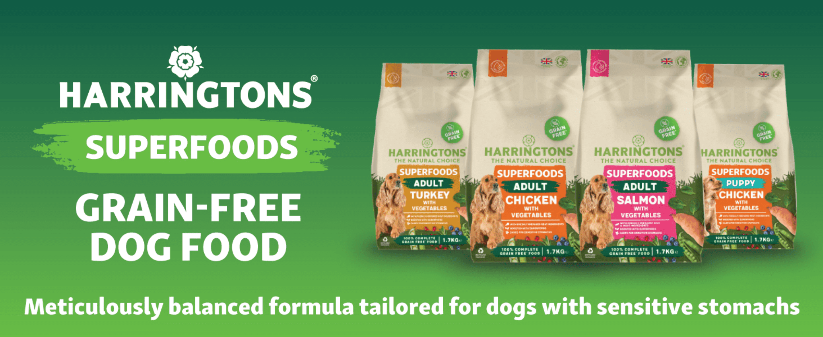 Presents the Harringtons grain-free range and its sensitive-stomach promise to build trust and help owners pick a flavour.