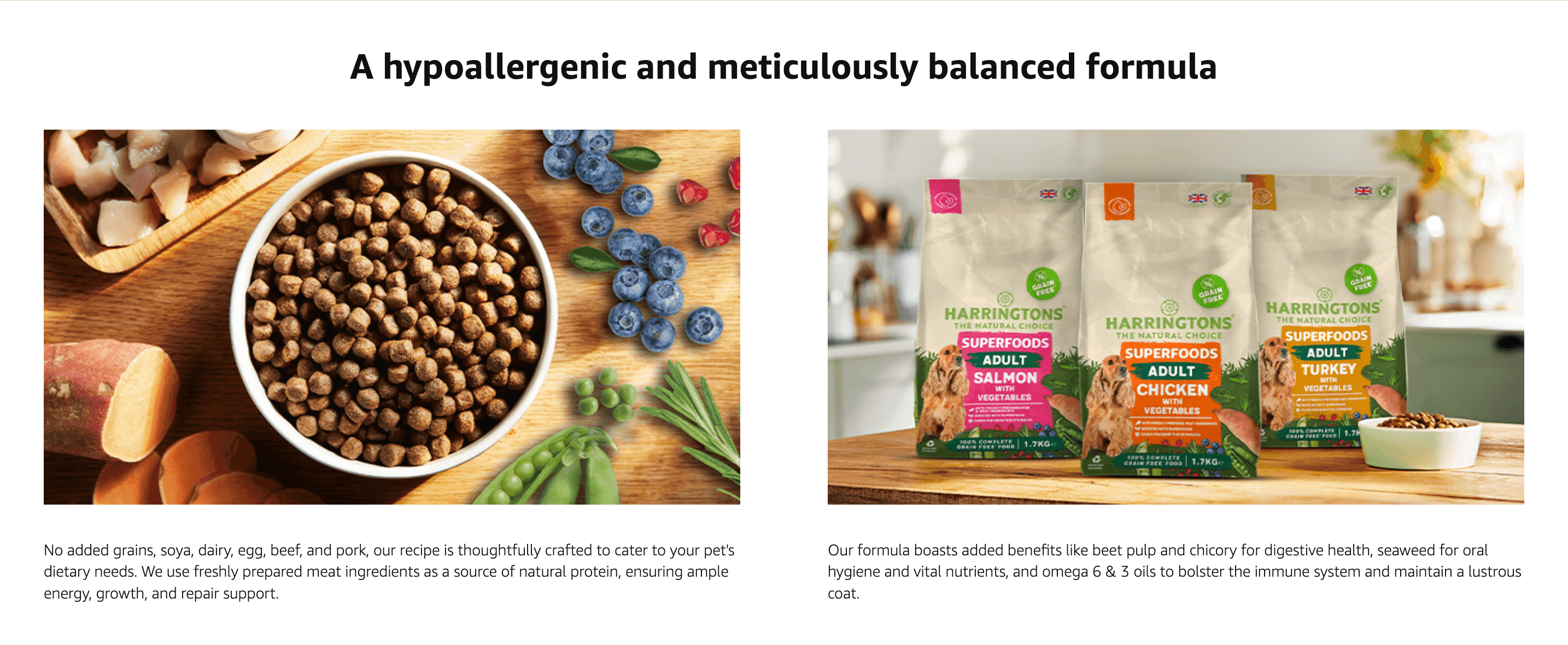 Explains what the recipe leaves out and the added nutrients it includes, reassuring owners the food suits sensitive dogs.