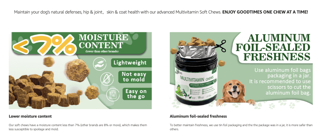 Highlights two distinct product advantages, low moisture soft chews and airtight foil packaging, to reassure shoppers about quality and freshness.
