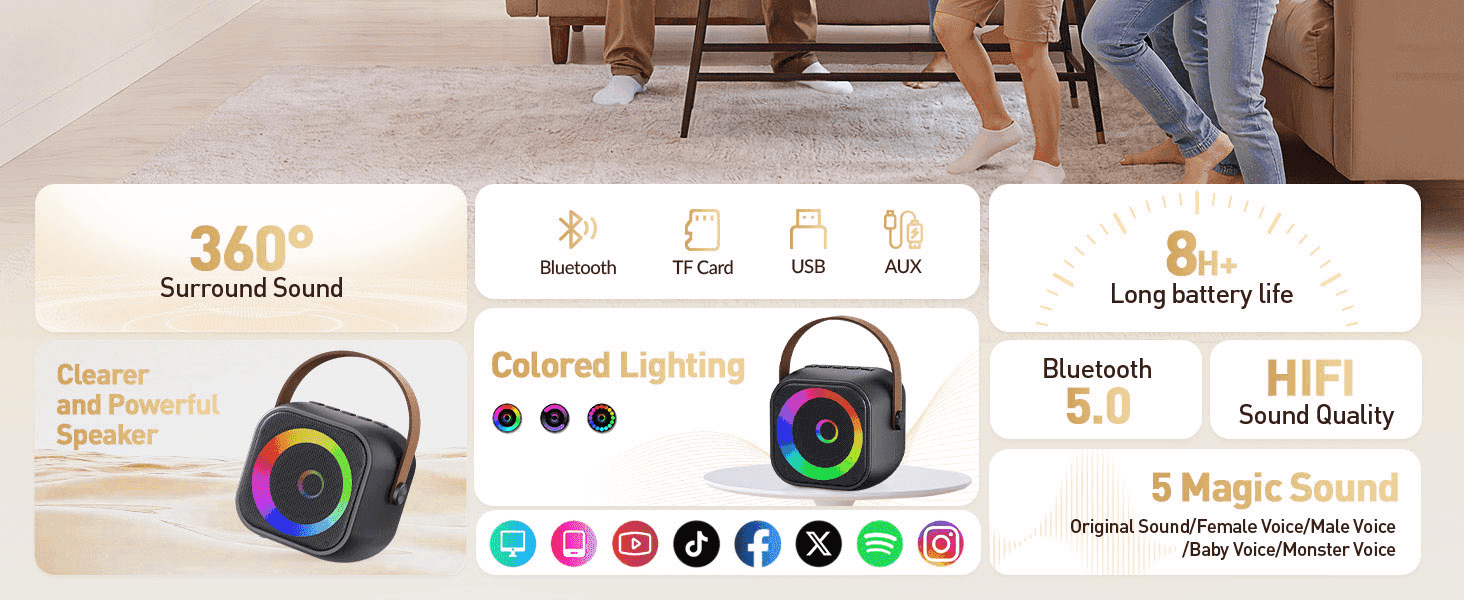 Shows the speaker's key selling points (360 sound, connectivity, battery, lighting, sound quality) in a segmented grid so shoppers can scan benefits quickly.