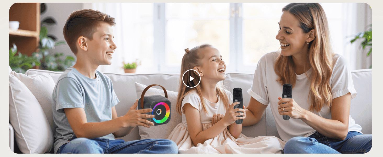 Shows a family enjoying karaoke together to help shoppers picture using the product at home.