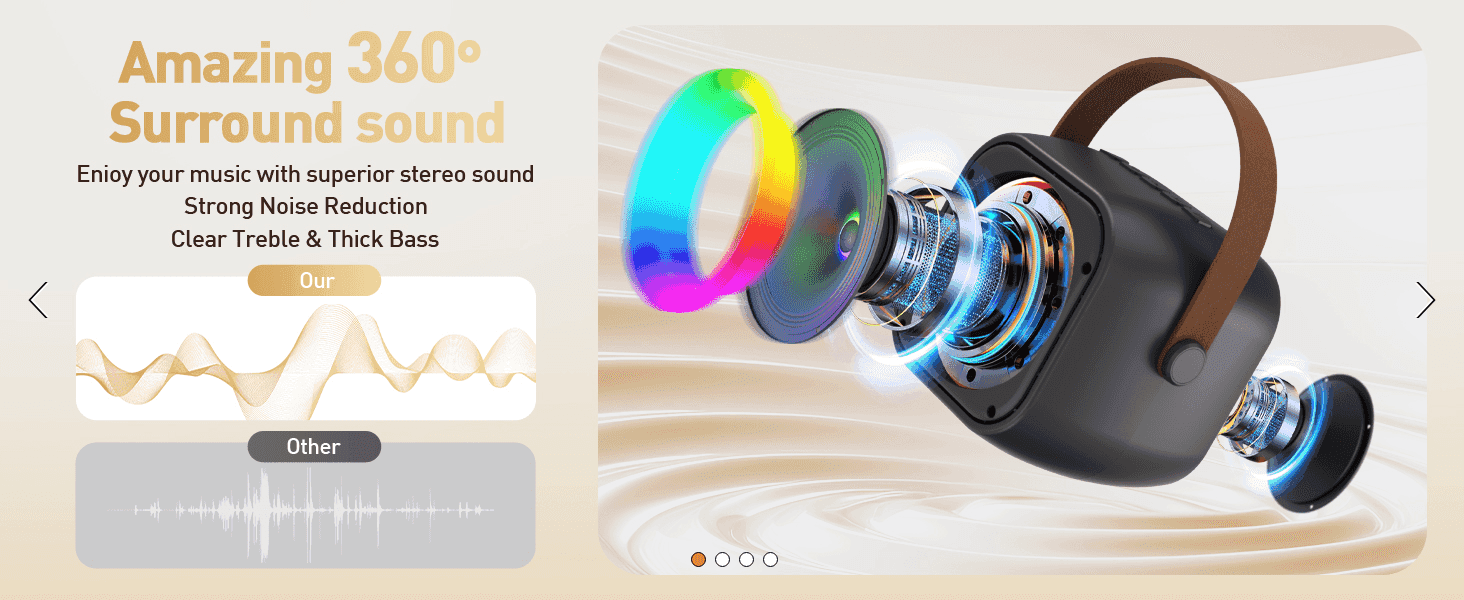 Contrasts the product's clean audio waveform against a generic competitor's noisy waveform to prove superior sound quality. Highlights the speaker's immersive 360-degree surround sound as the core…