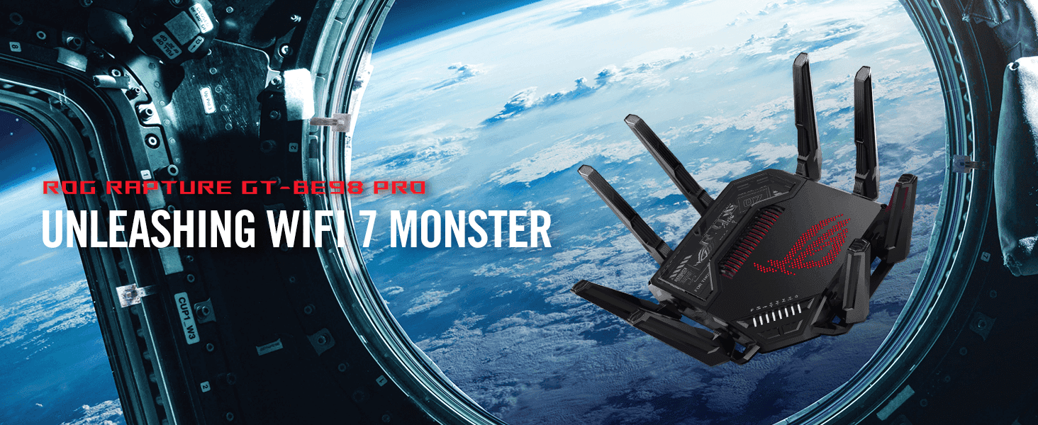 Uses a dramatic space-station visual to position the router as an extremely powerful, next-gen WiFi 7 device.