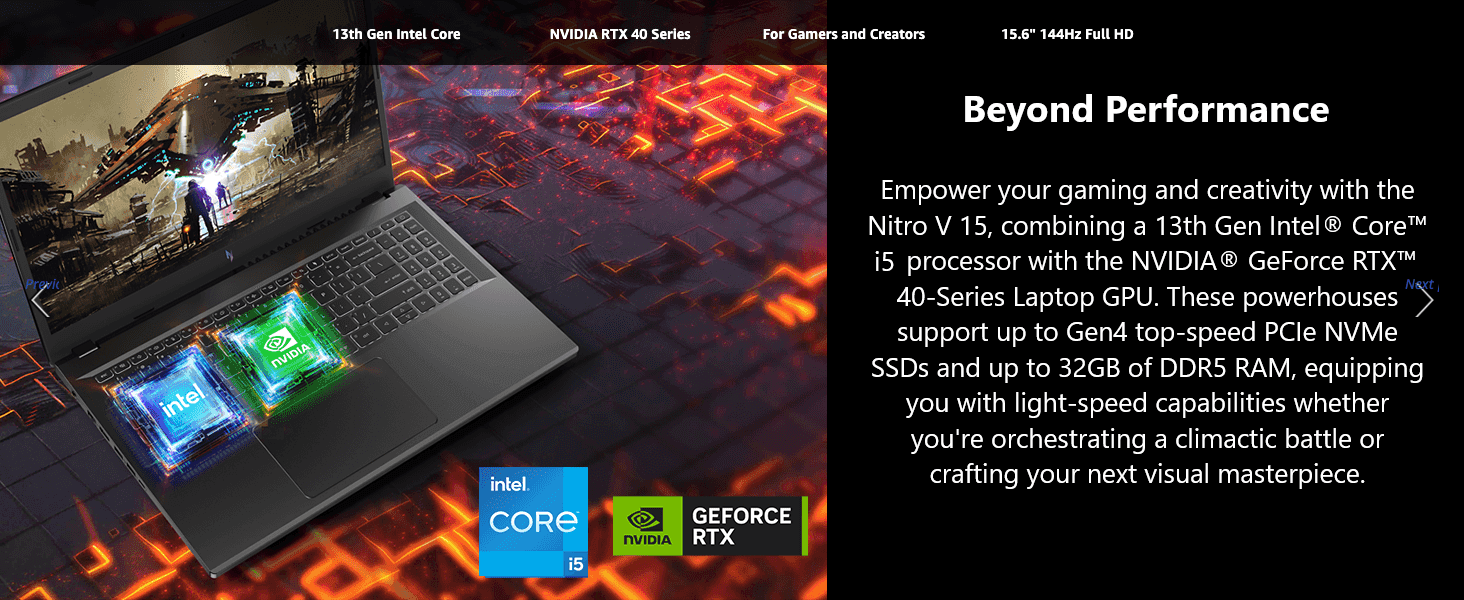 Highlights the CPU, GPU, display and audience specs alongside a performance-focused description to convince gamers and creators of the laptop's power.