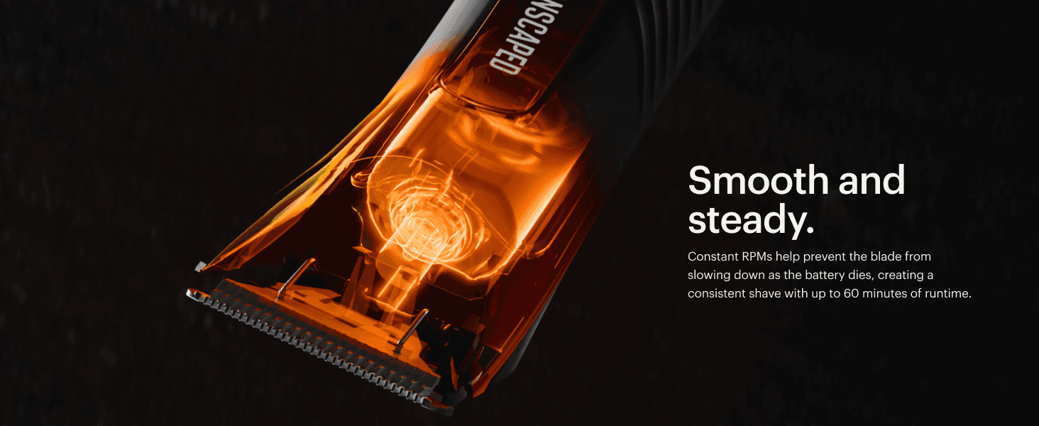 Uses a glowing cutaway of the motor to show the blade keeps a steady speed as the battery drains, giving a consistent shave.