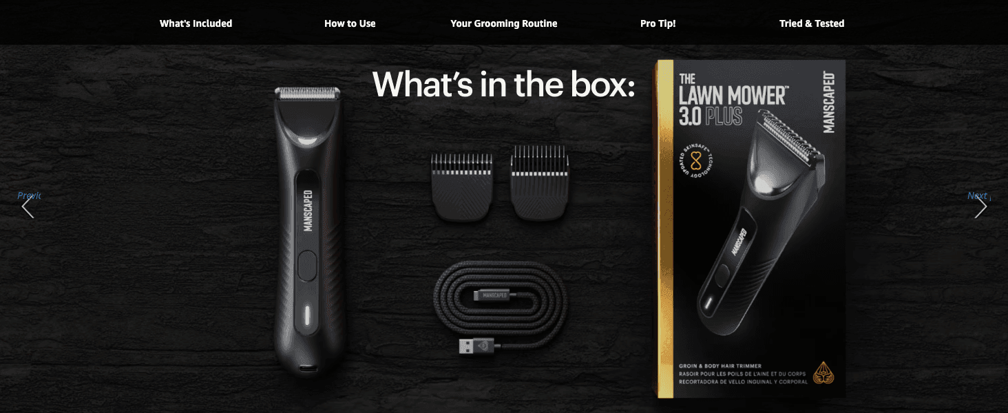 Lays out the trimmer, guard combs, charging cable and retail box so shoppers know exactly what they receive.