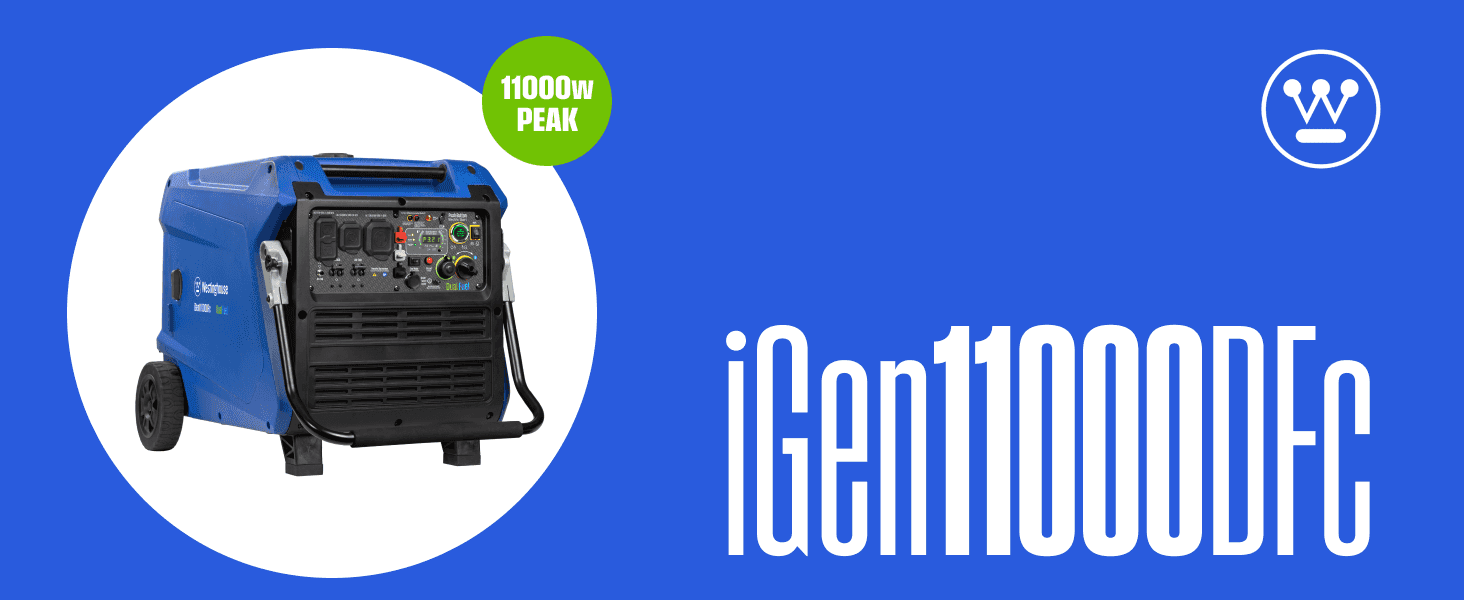 Introduces the iGen11000DFc model with a peak wattage badge to establish the product and its power rating at a glance. Puts the peak wattage figure up front so shoppers can gauge the generator's…