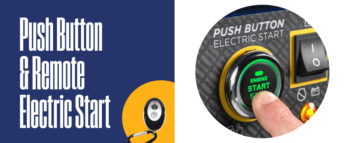 Zooms in on the push-button start control and the remote fob to show how the generator starts. Tells shoppers the generator starts with a button press or remote, without a pull cord.