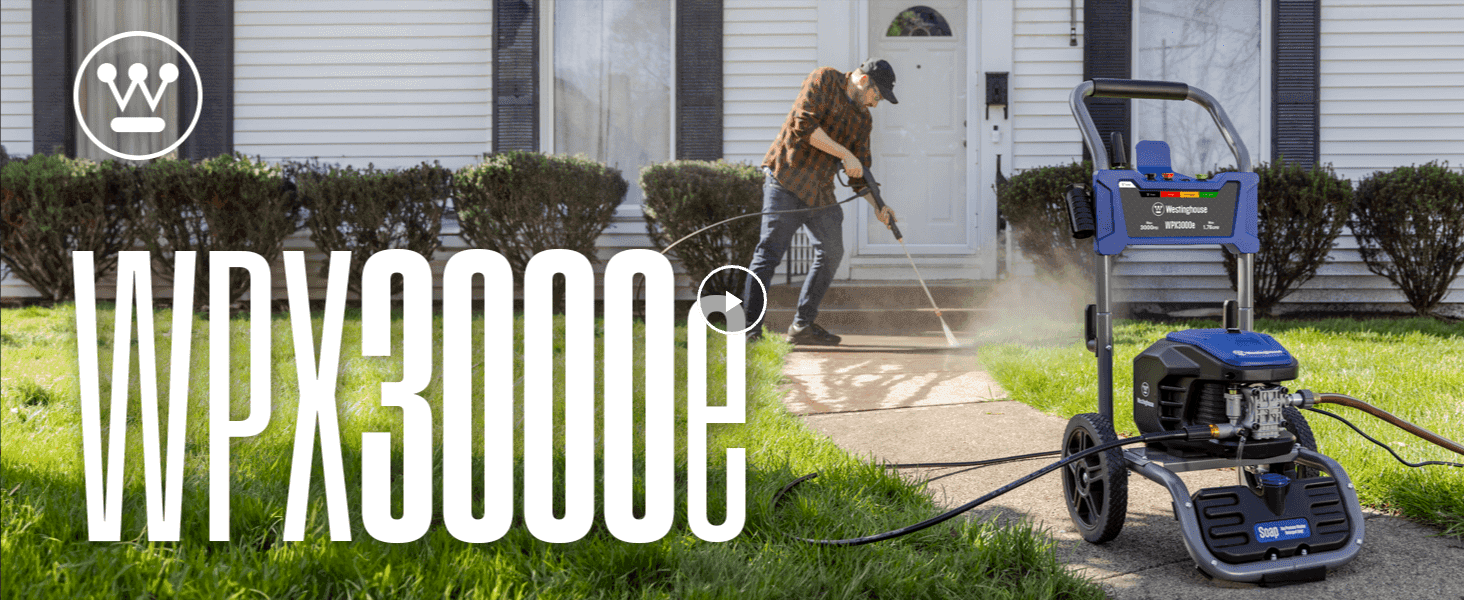 Introduces the WPX3000e by name with a Westinghouse logo over a lifestyle scene, building brand recognition and showing the washer in real use. Shows a homeowner pressure washing a front path so…