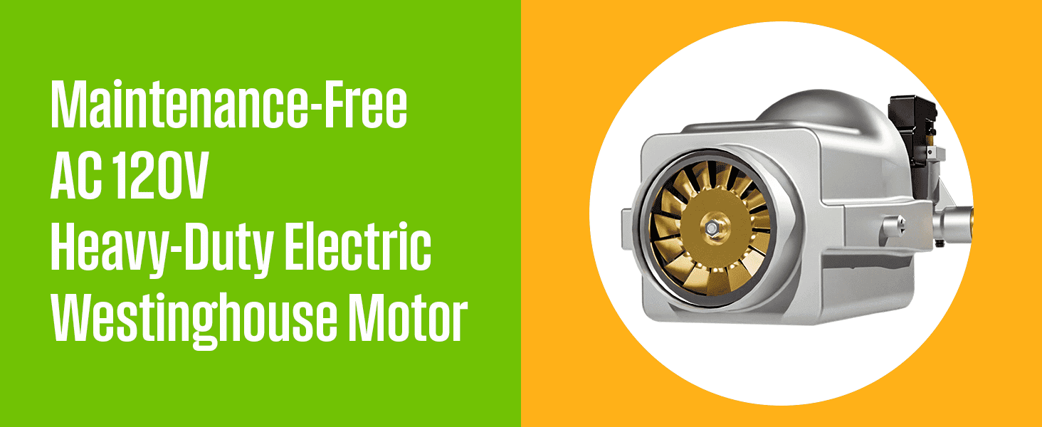 Zooms in on the maintenance-free electric motor to show the part that delivers the machine's power.