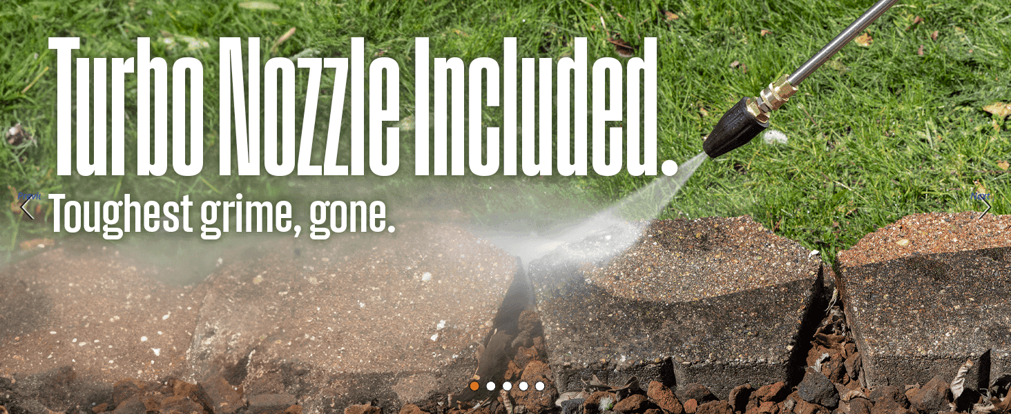 Shows the included turbo nozzle blasting grime off paving so shoppers see the extra cleaning power that comes in the box.