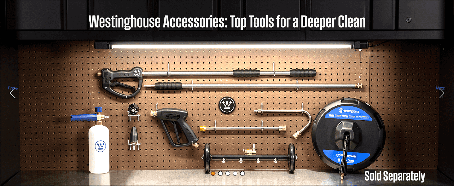 Displays the Westinghouse accessory range on a pegboard so shoppers see the wider system they can add to the washer.