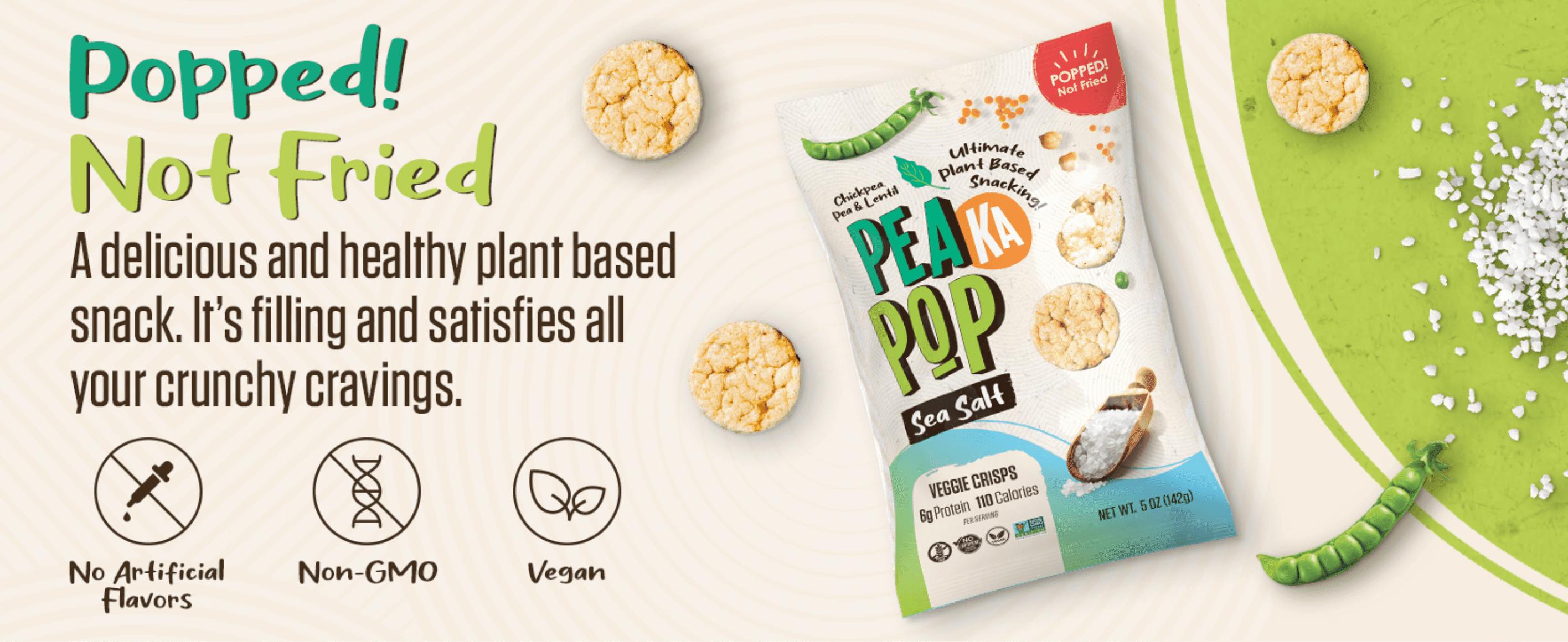 Communicates that the snack is baked/popped rather than fried, reassuring shoppers it's a healthier crunchy option. Highlights dietary and ingredient-safety certifications to reassure…