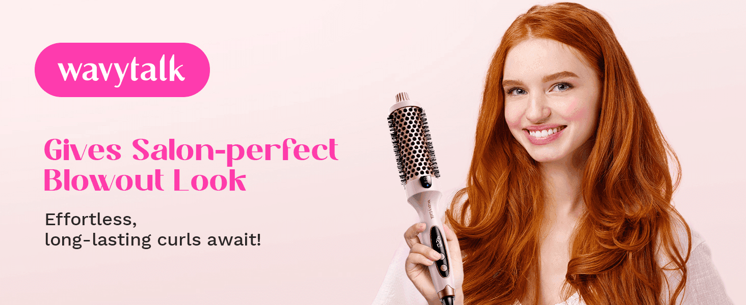 Promises a salon-quality blowout with effortless, long-lasting curls, shown on a smiling model holding the brush.
