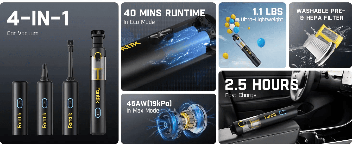 Showcases six distinct product benefits in a segmented grid so shoppers can quickly scan the vacuum's full capabilities.