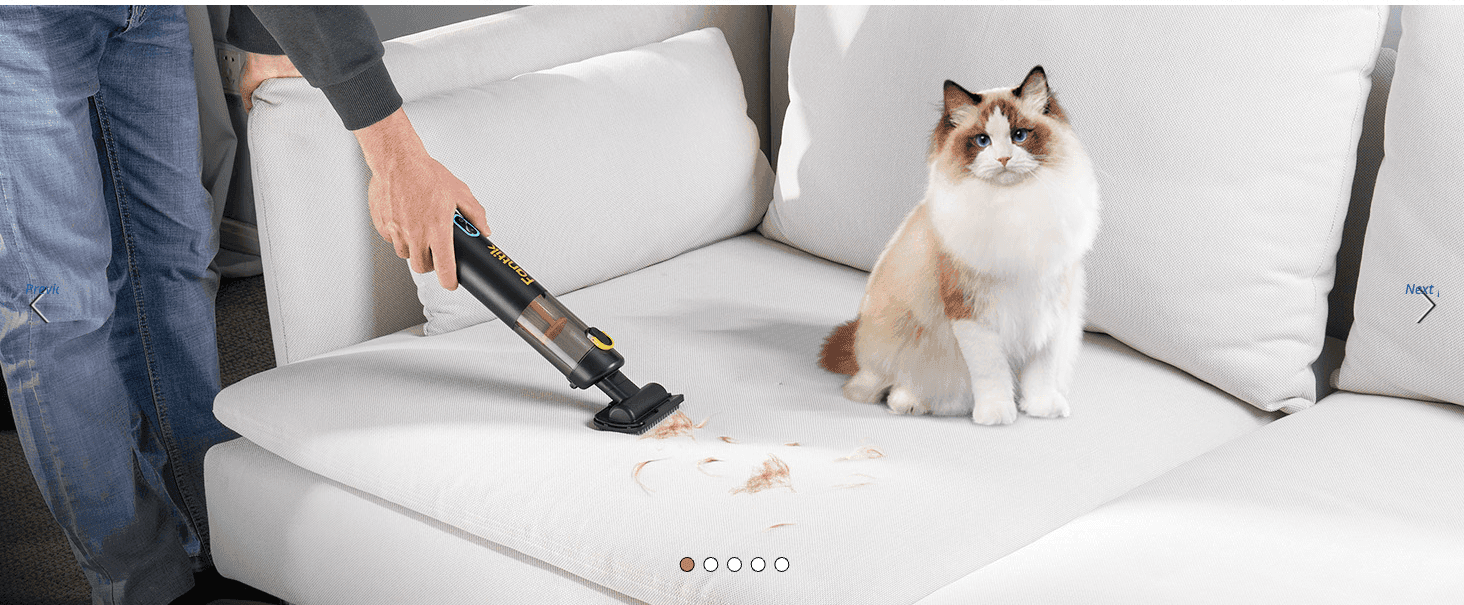 Shows the product being used in a real home setting to help shoppers envision it solving a common pet-hair cleaning problem.