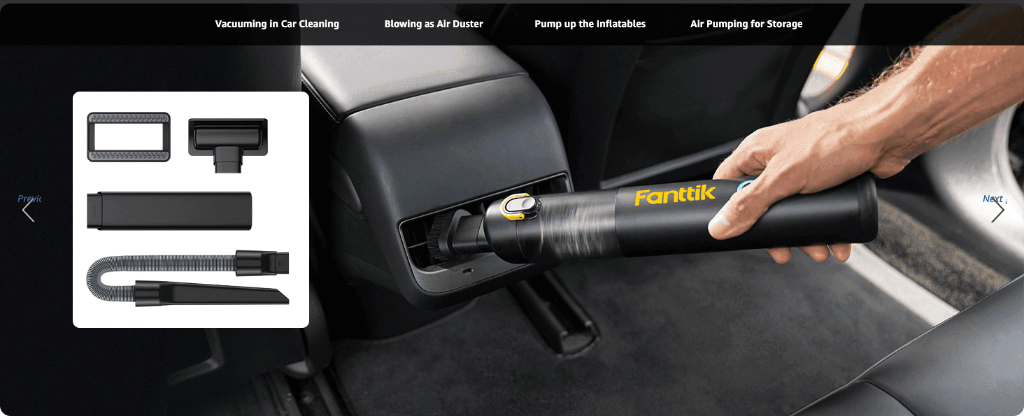 Demonstrates the product's versatility across multiple use cases beyond vacuuming, such as inflating and dusting. Shows the full set of attachments included with the vacuum to communicate value and…