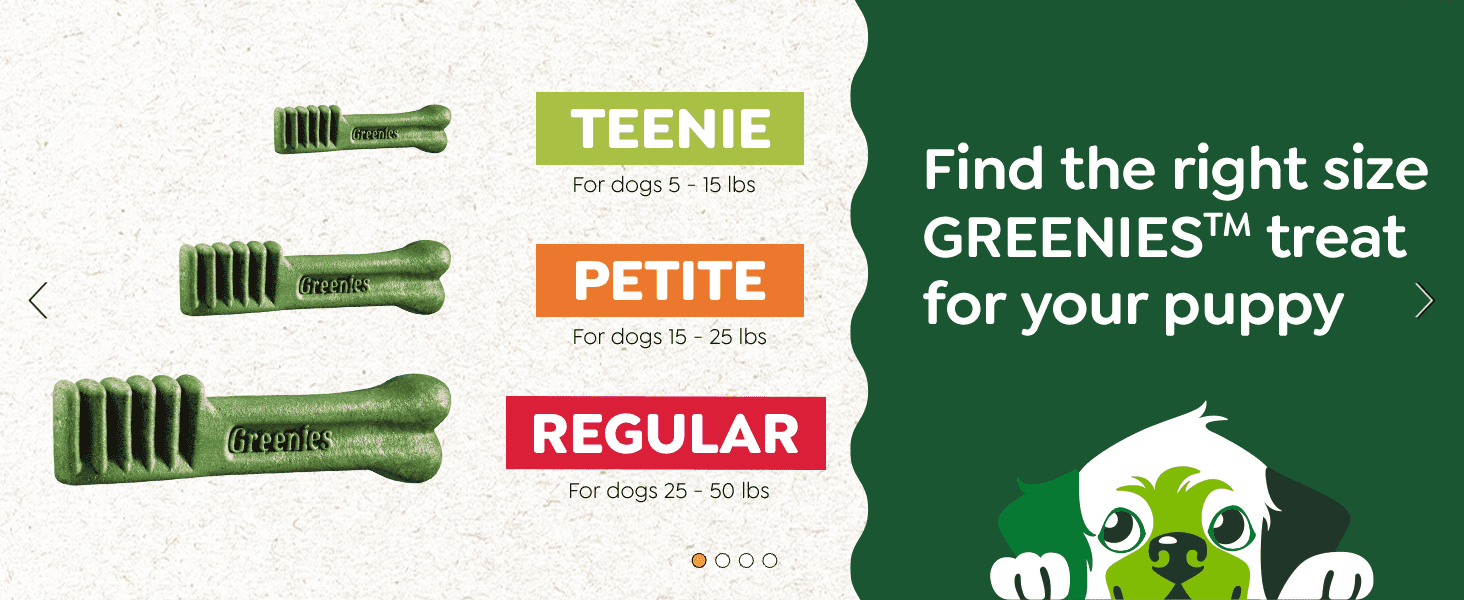 Helps shoppers pick the correct Greenies treat size for their puppy's weight from the product line.