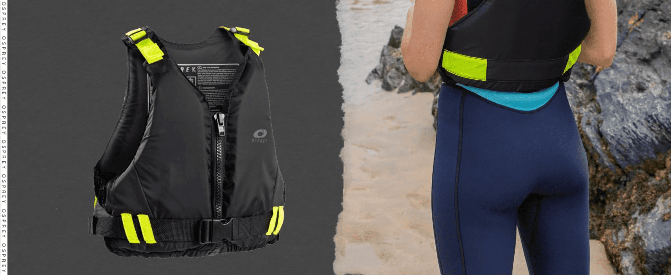 Pairs a clean product shot with a person wearing the vest at the beach so shoppers can picture using it.