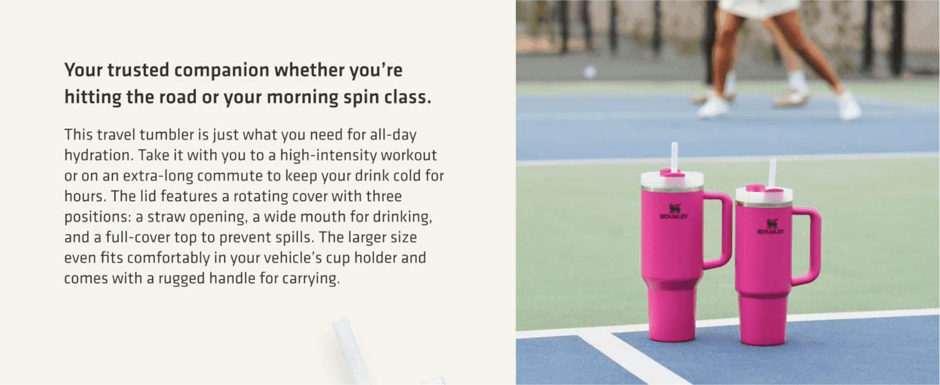 Shows the tumbler in an active outdoor setting and explains the three-position lid, so shoppers see it fits workouts, commutes and cup holders.