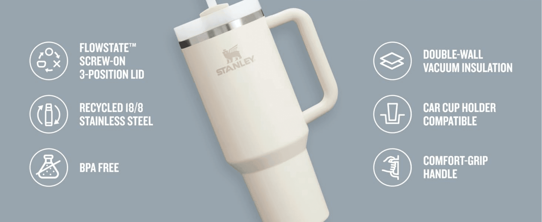 Lists six product features with icons around the tumbler, so shoppers can scan the key selling points quickly.