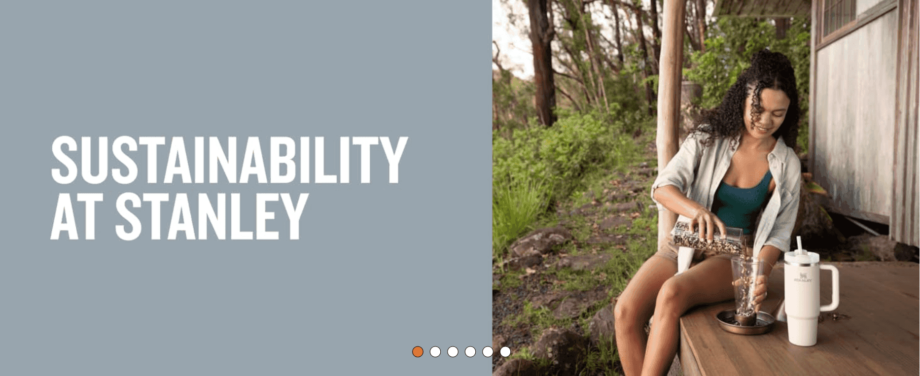 Introduces the brand's sustainability commitment to reassure eco-minded shoppers. Ties the brand to its values through a lifestyle photo and bold headline.