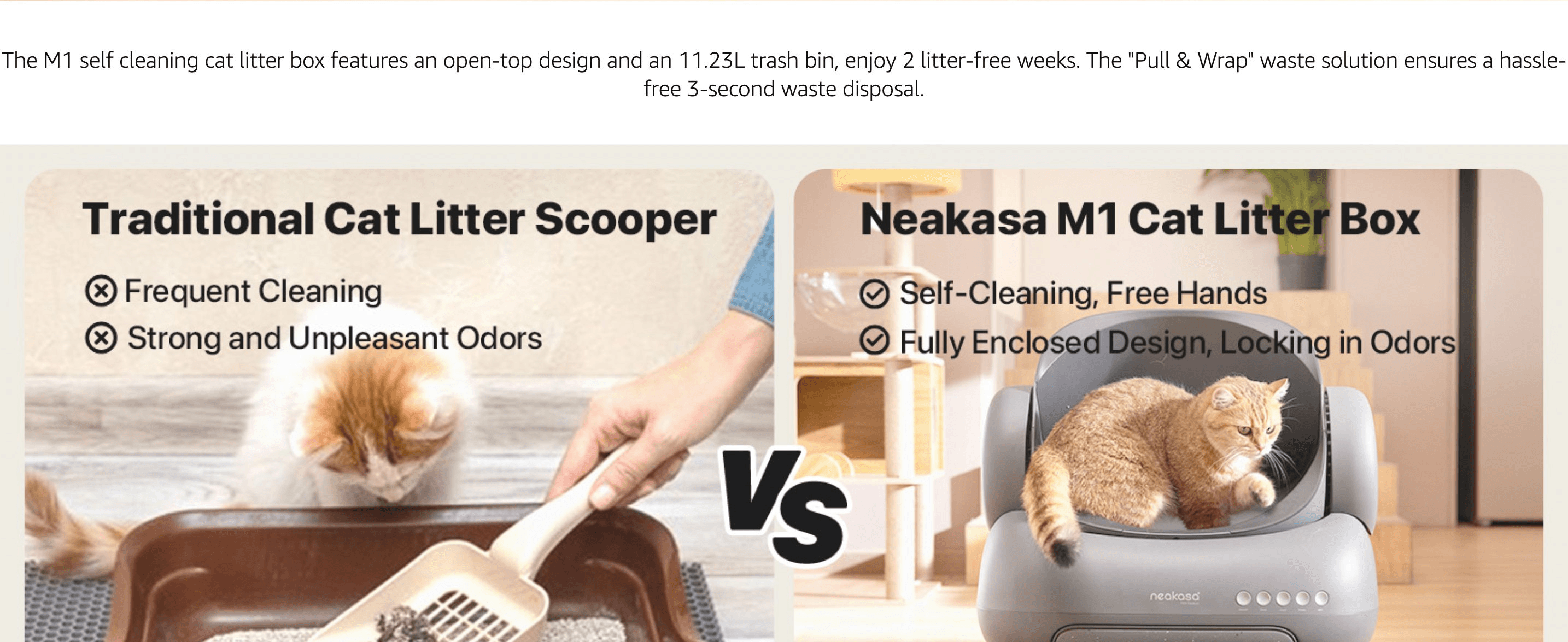 Contrasts the mess and effort of manual litter scooping with the hands-free, odor-locking design of the M1 to justify the upgrade.
