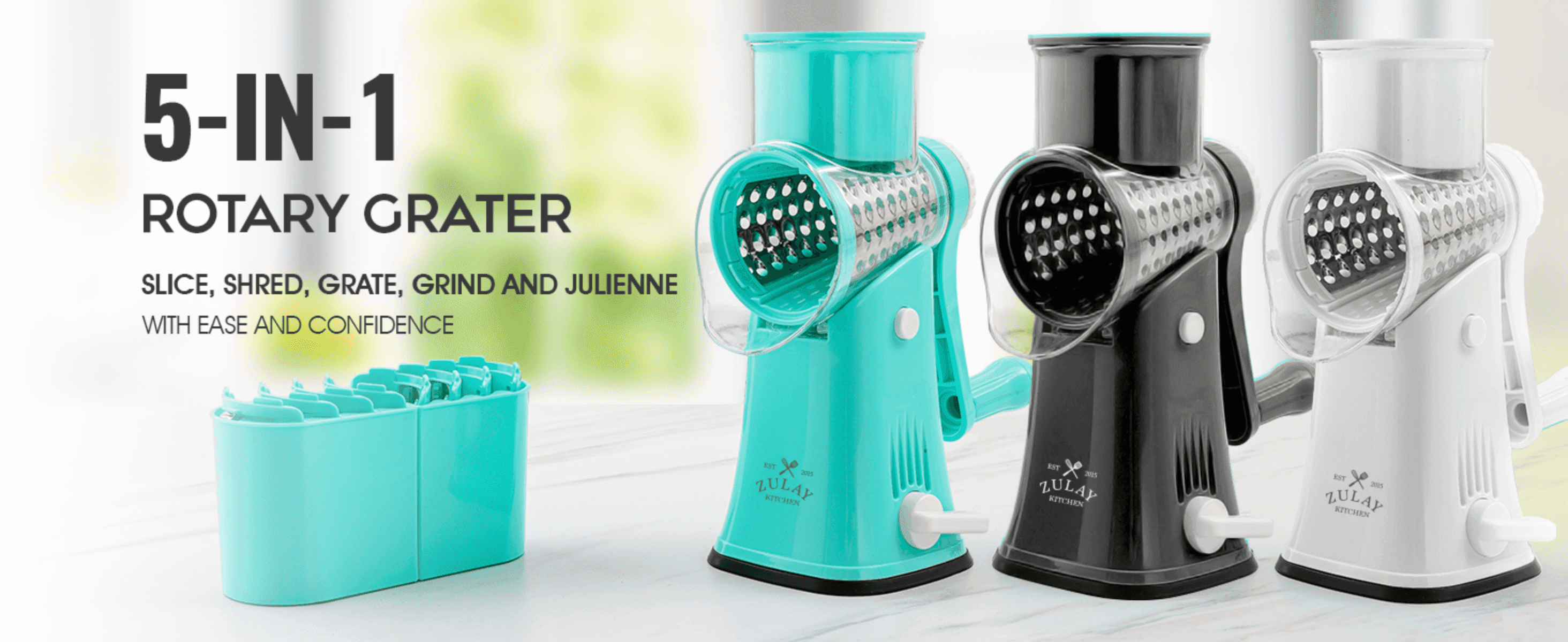 Leads with the '5-in-1' claim to show the grater replaces multiple kitchen tools in one device. Presents the grater's slicing, shredding, grating, grinding and julienning ability as one clean…