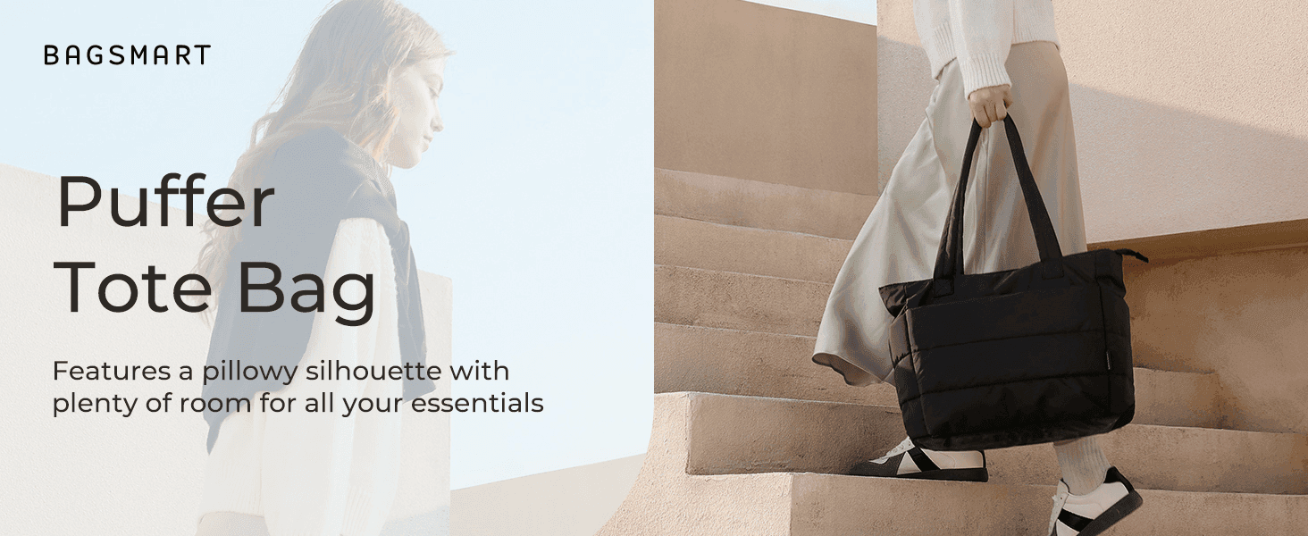 Presents the pillowy puffer design and roomy interior over a lifestyle scene so shoppers can picture carrying it daily.