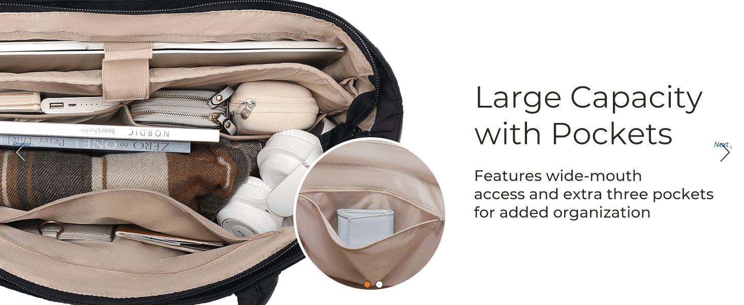 Shows how much the tote holds and its extra pockets, so shoppers trust it for laptop and daily carry. Zooms into the inner pocket to show the organisation built into the bag.