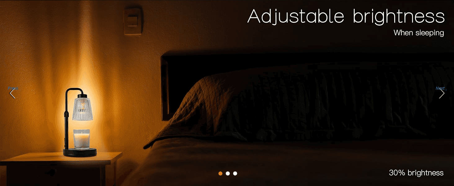 Shows the candle warmer's dimmable brightness setting so shoppers know it can be turned down low for bedtime ambience.