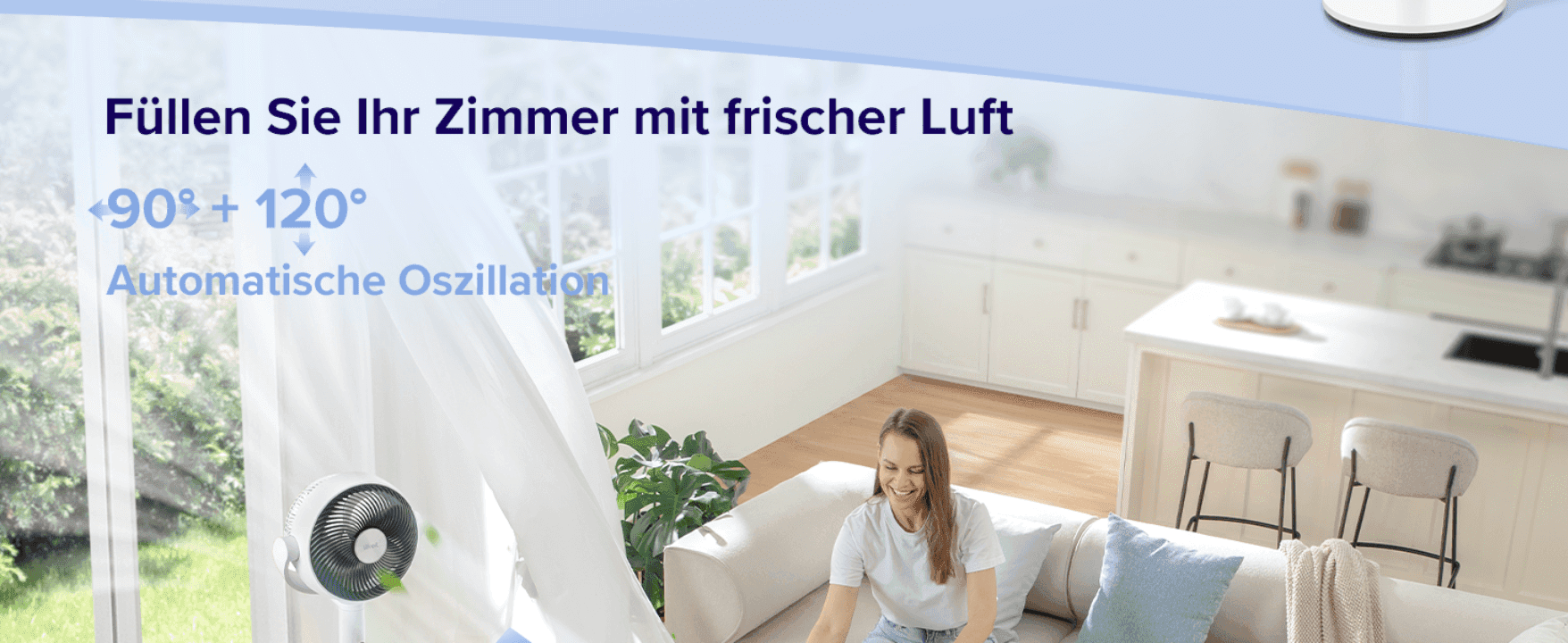 Communicates that the fan's oscillation spreads fresh air throughout the whole room for consistent comfort. Quantifies the fan's wide oscillation angles to demonstrate its broad air coverage.