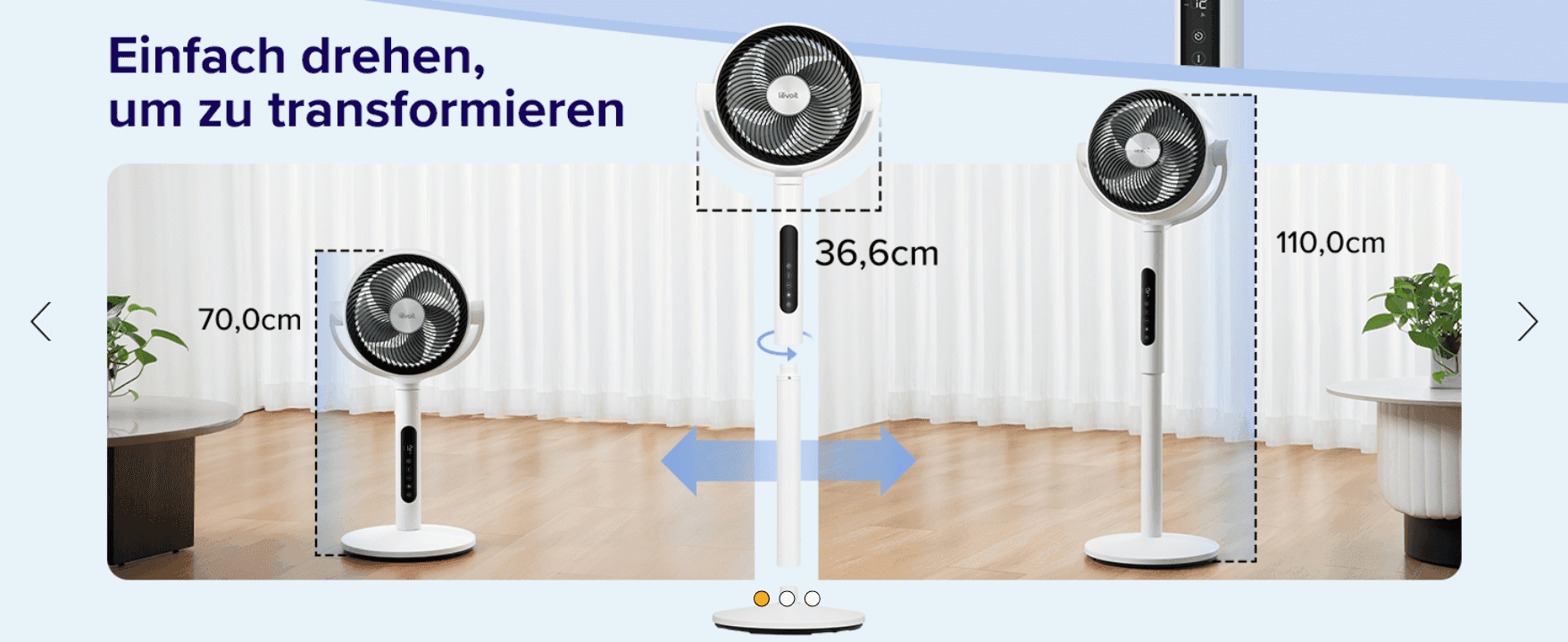 Shows the fan's adjustable height range and rotating base mechanism so shoppers understand its flexible sizing. Demonstrates the simple twist action used to change the fan's configuration.