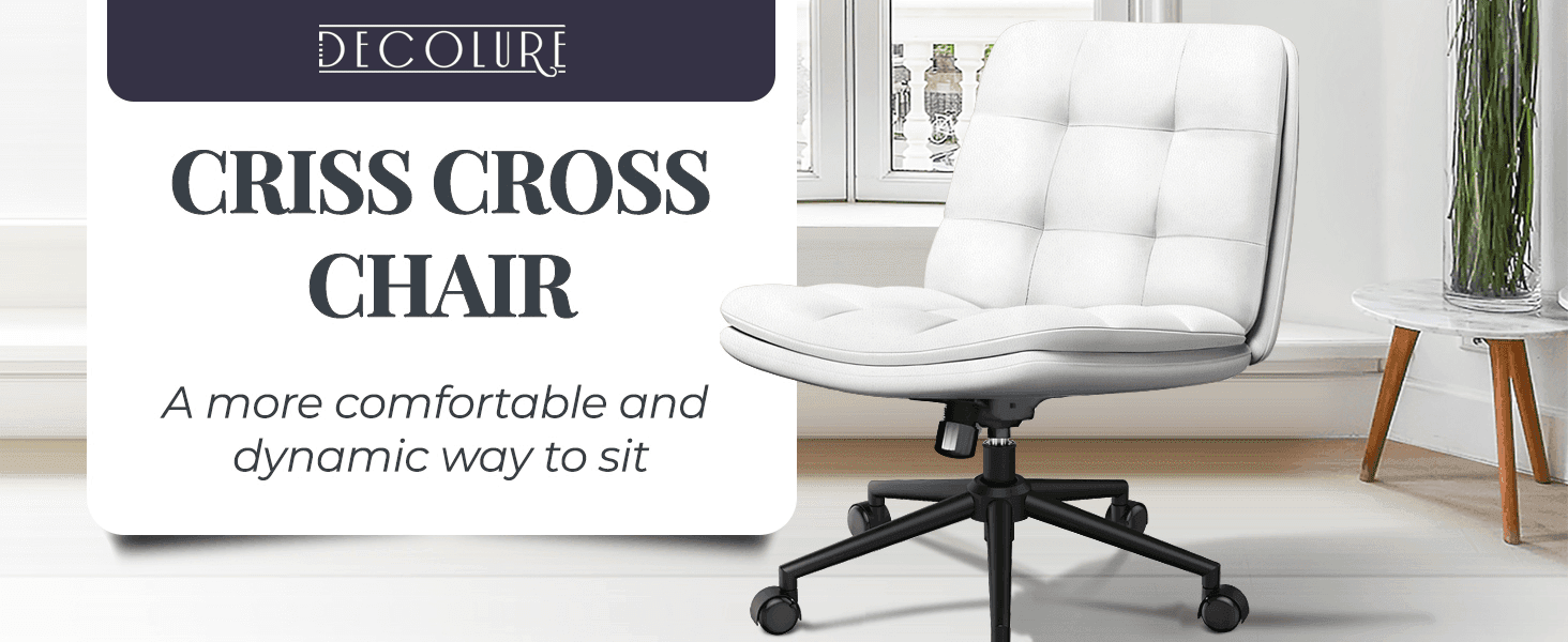 Introduces the Decolure Criss Cross Chair with a single headline benefit about comfortable, dynamic sitting.