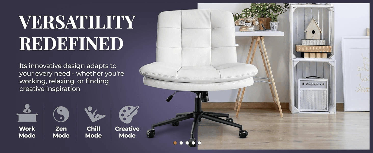 Positions the chair as adaptable to four different daily activities through a segmented icon layout.