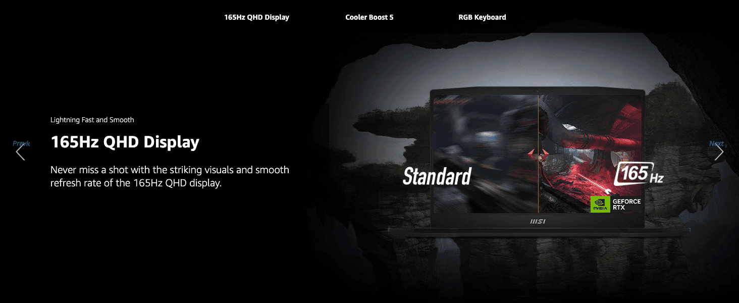 Uses a standard versus 165Hz split view to show shoppers how smooth the display looks in fast gameplay.