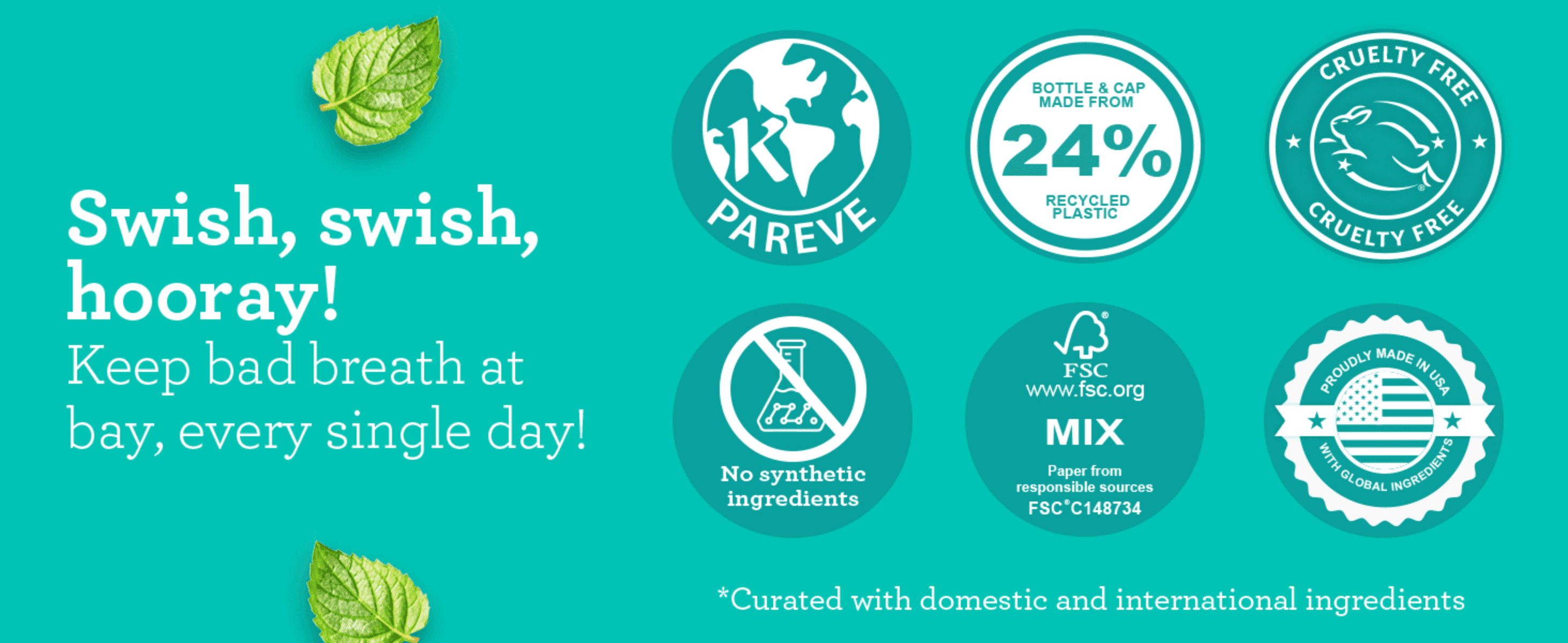 Shows cruelty-free, recycled packaging, FSC and no-synthetics badges to reassure shoppers the rinse is clean and responsibly made. Groups six separate trust badges in one grid so shoppers can scan…