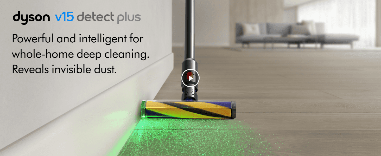 Shows the laser light revealing hidden dust on a hard floor, so shoppers trust the vacuum to clean deeply.