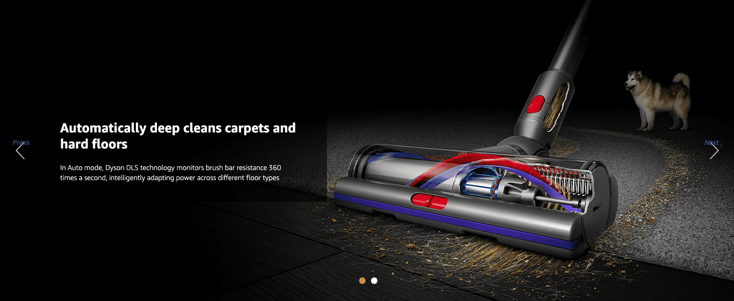 Shows the brush head adapting power across carpets and hard floors, so shoppers trust it to clean every surface.