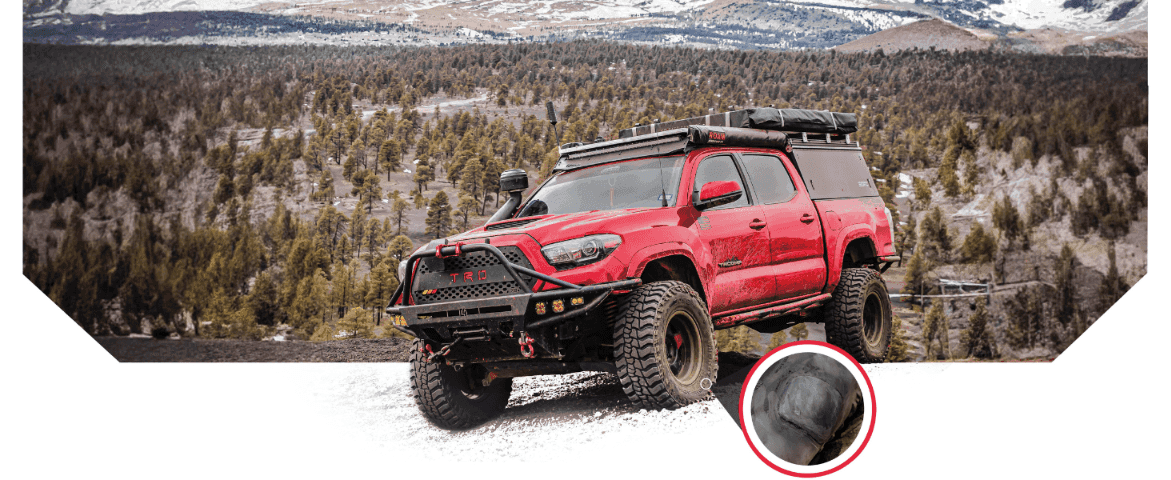 Zooms in on the repaired tire sidewall to prove the kit works on rugged, off-road tires. Reinforces that the repair holds up in tough off-road terrain.