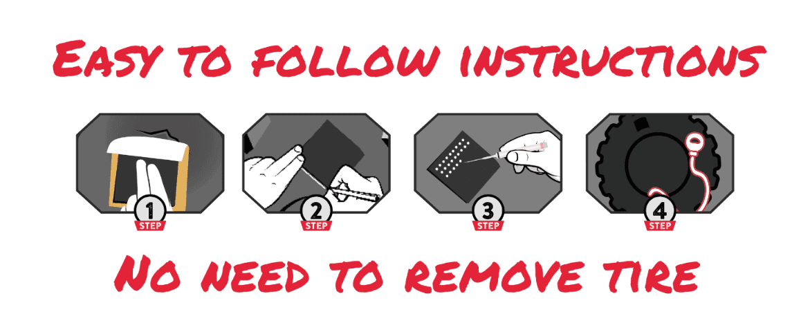 Shows the simple 4-step process to apply the sidewall patch without removing the tire.