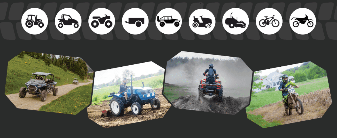 Shows the range of off-road vehicles the repair kit works on, from ATVs to dirt bikes.