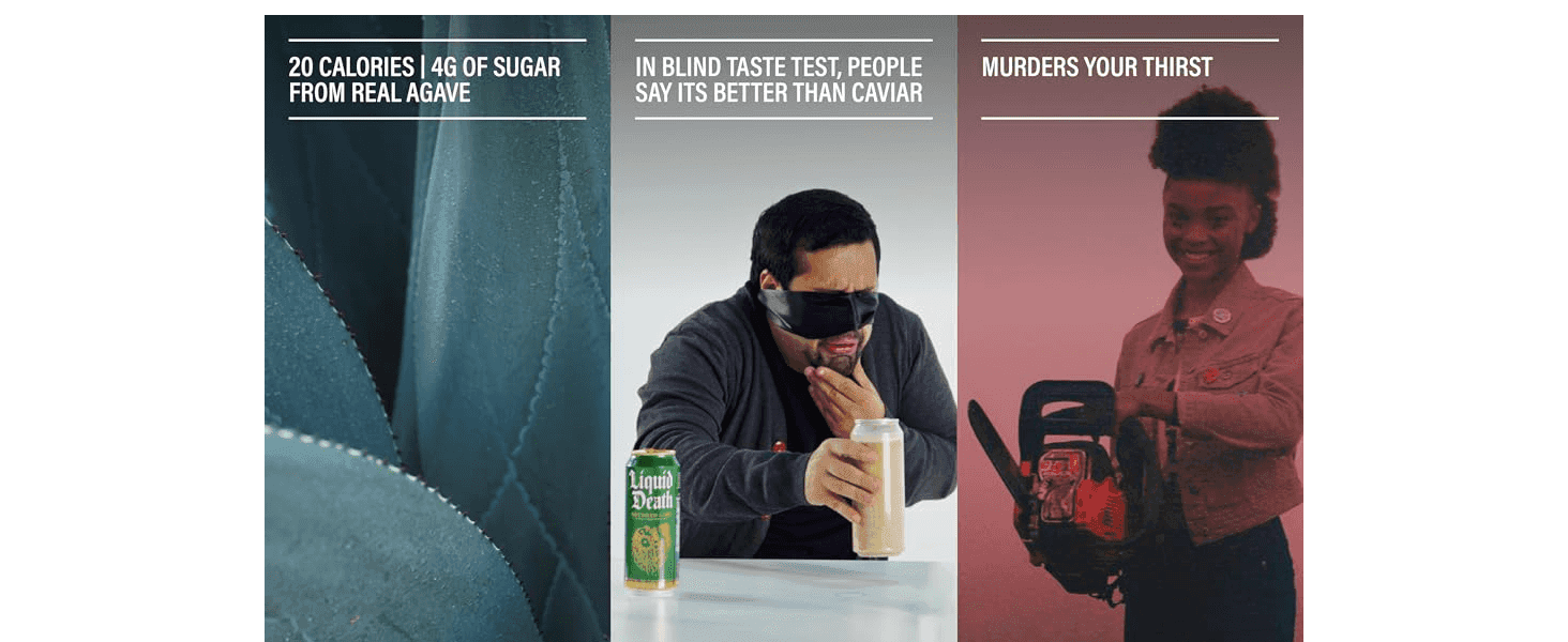 Highlights three distinct selling points in a segmented three-panel layout: low calorie/sugar content, superior taste, and thirst-quenching performance.