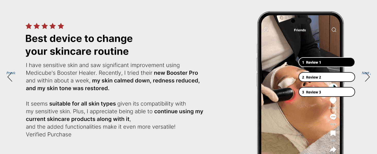 Builds social proof with a 5-star verified customer quote describing calmed, restored skin after use.