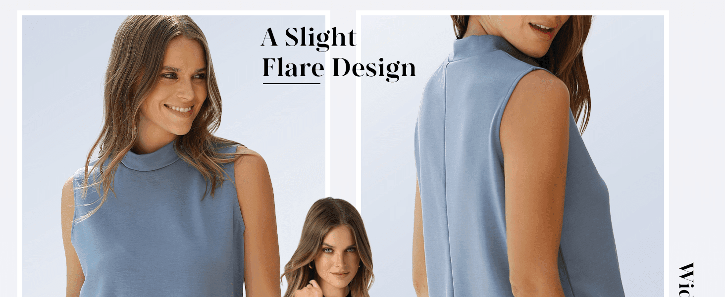 Highlights the slight flare and mock-neck design detail of the top so shoppers can see the fit and silhouette up close.