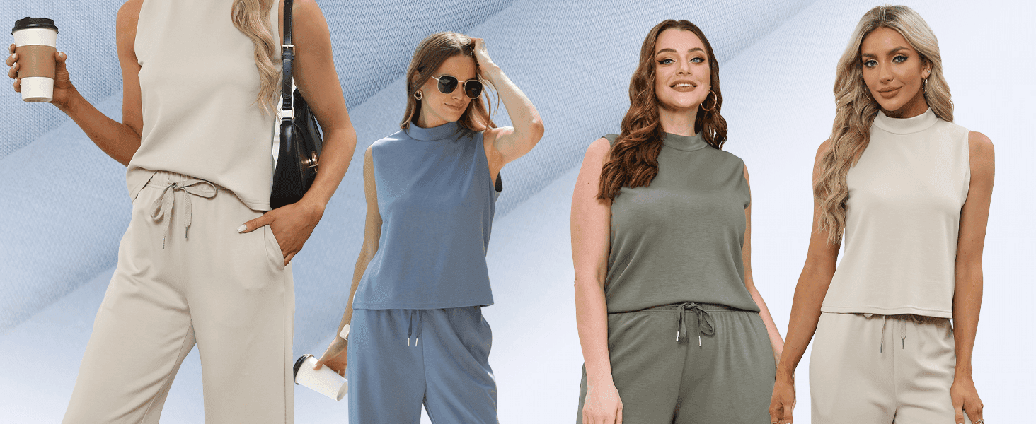 Shows the two-piece lounge set across multiple color options so shoppers can pick their favorite from the brand's lineup.