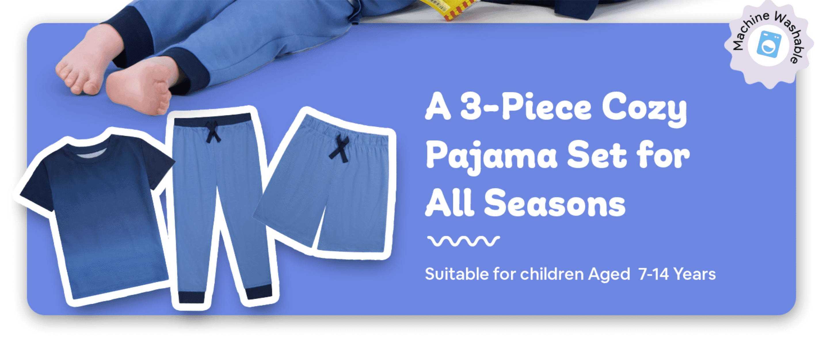 Introduces the pajama set as a cozy, all-season, machine-washable option for children aged 7-14.