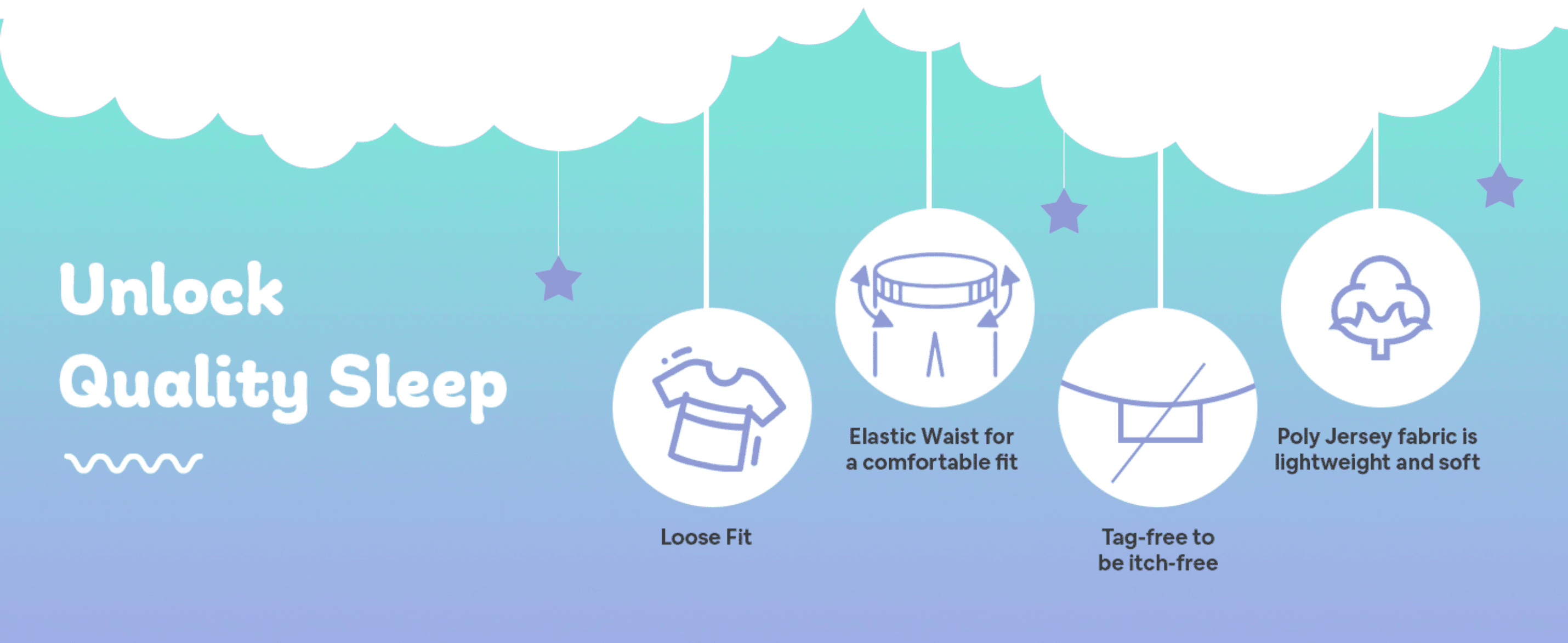 Highlights four distinct comfort features (loose fit, elastic waist, tag-free, soft poly jersey) to reassure shoppers of quality sleepwear.